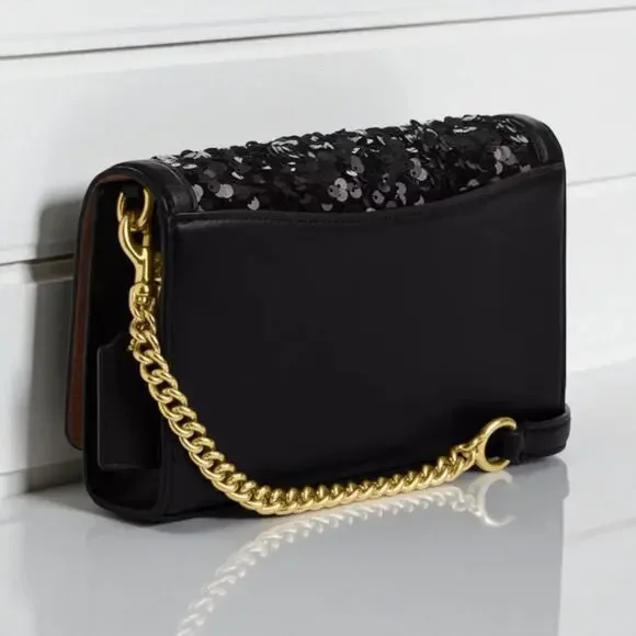 Coach Flap Clutch Crossbody in Black Sequin Glitter Leather CP188